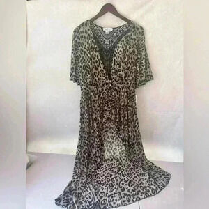 L.I.F.E. Leopard print Sheer Kimono coverup Women's L Retro Cottagecore Beach